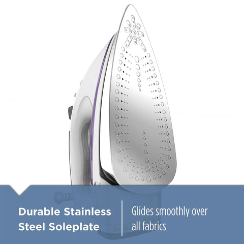 Pro Grade Steam Iron With Stainless Steel Soleplate Extra Long Cord AntiDrip Tech Auto Clean System Variable Steam And Temperature Controls Purple Finish For Fast Smooth Garment Touchups, focusing on durable stainless steel soleplate