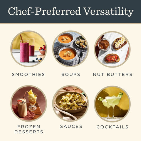 Chef-Preferred Versatility featuring smoothies, soups, nut butters, frozen desserts, sauces, and cocktails.