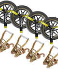Four Pack 2 Inch By 96 Inch Tie Down Straps Kit With J Hook Ratchets And Wear Pads securing vehicle wheels