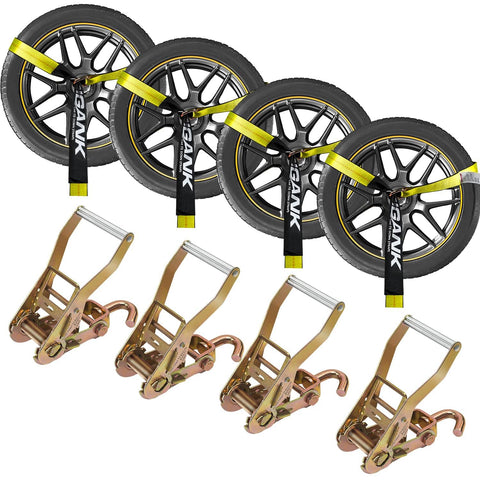Four Pack 2 Inch By 96 Inch Tie Down Straps Kit With J Hook Ratchets And Wear Pads securing vehicle wheels