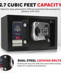 Compact Home Safe With Digital And Key Lock, DOJ-Approved Personal Security Box holding passport and cash, 0.28 cu ft black, open view