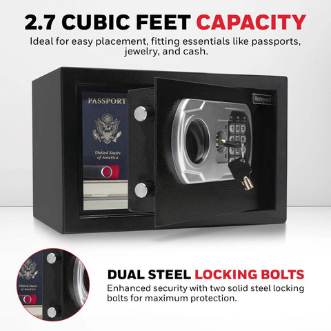 Compact Home Safe With Digital And Key Lock, DOJ-Approved Personal Security Box holding passport and cash, 0.28 cu ft black, open view