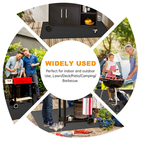 Collage of outdoor grilling scenes on Large 68 By 48 Inch Fire Pit Mat For Outdoor Grills And Solo Stove Bonfire, versatile use, deck protection.