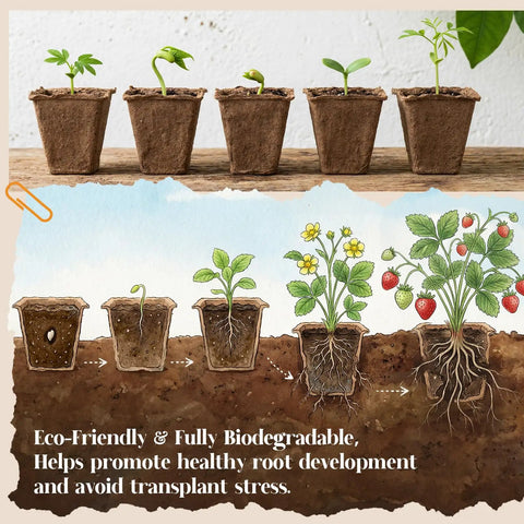 Eco Friendly 200 Cell Seed Starter Tray Kit With 20 Biodegradable Peat Pots and seedlings showing root growth and plant development.