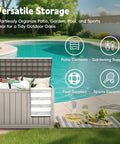 50 Gallon Outdoor Storage Box Weatherproof Resin Deck Box With Reinforced Lid in garden by pool, lid open, holding cushions and towels.