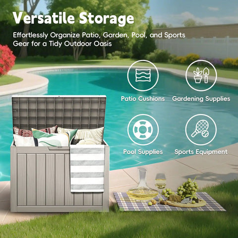 50 Gallon Outdoor Storage Box Weatherproof Resin Deck Box With Reinforced Lid in garden by pool, lid open, holding cushions and towels.