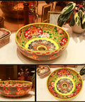 Round Vessel Sink, Chinese Style Bathroom Artistic Porcelain Bowl With Faucet Pop-Up Drain, Exquisite Above Counter Lavatory Vanity Art Basin in vibrant colors.