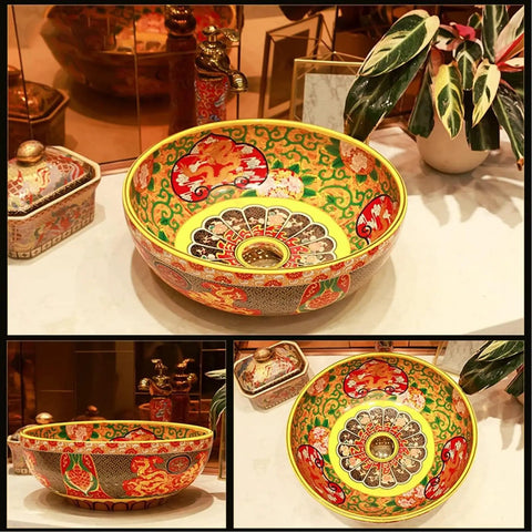 Round Vessel Sink, Chinese Style Bathroom Artistic Porcelain Bowl With Faucet Pop-Up Drain, Exquisite Above Counter Lavatory Vanity Art Basin in vibrant colors.