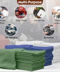 Pro Grade Auto Shop Towels 100 Pack Lint Free 14x14 Bulk Rags laid out for multipurpose use