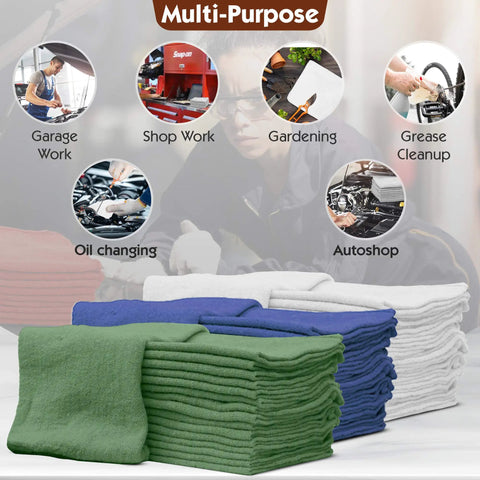 Pro Grade Auto Shop Towels 100 Pack Lint Free 14x14 Bulk Rags laid out for multipurpose use