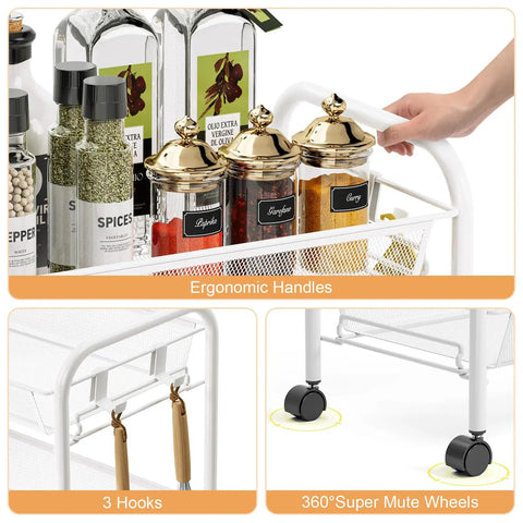 Close-up of white Four Tier Rolling Metal Cart With Three Hooks showing spices, ergonomic handle, and 360° wheels for kitchen use.
