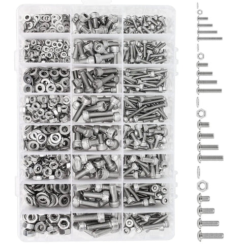 Top Shelf 810 Piece Metric Hardware Assortment Kit With M3 M4 M5 M6 304 Stainless Steel Hex Socket Screws and washers organized in a clear container.