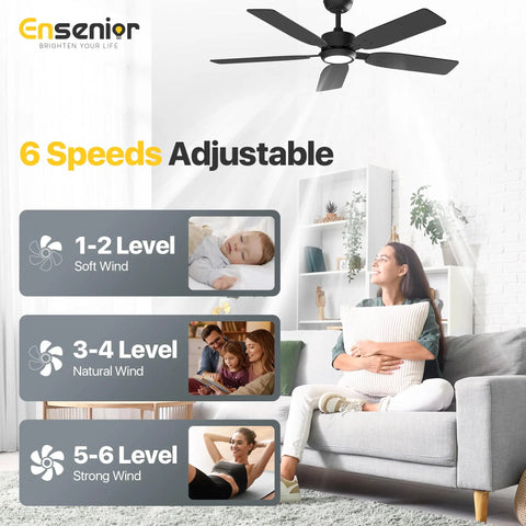 Black modern ceiling fan with light and remote in living room, showcasing 6 speed levels, suitable for year-round comfort