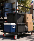 2 In 1 Furniture Dolly 1000 Lbs Adjustable Moving Cart With Multi Slot And Flatbed Modes, loaded with boxes and containers