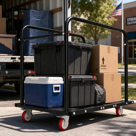 2 In 1 Furniture Dolly 1000 Lbs Adjustable Moving Cart With Multi Slot And Flatbed Modes, loaded with boxes and containers