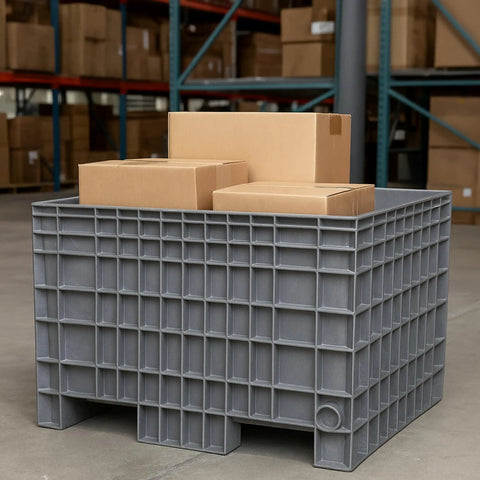 Dang Tough Heavy Duty Plastic Bulk Storage Tote, 42X29X28 Inch Stackable Pallet Box in gray with cardboard boxes on top.
