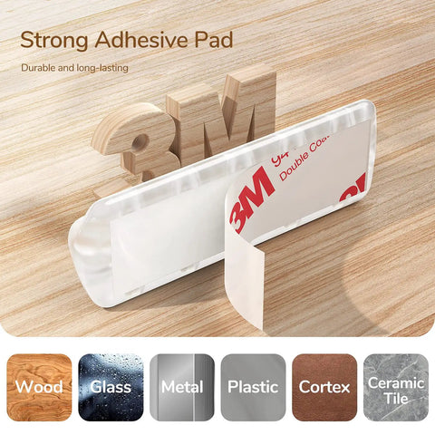 Clear Cable Clips Set With 15 Slots, Five Pack Self Adhesive Cord Management Organizers showing strong 3M adhesive pad