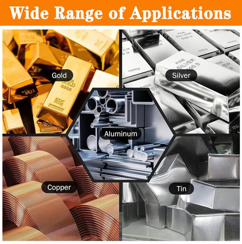 Beginner Friendly 1150C Electric Metal Melting Furnace Kit With Graphite Crucible And Crucible Tongs For Gold Silver Aluminum At Home DIY Use LED Display Temperature Control And Stable Melt applications showcasing gold, silver, aluminum, copper, tin.
