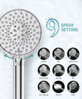 Chrome handheld shower head with detachable hose and 9 spray settings