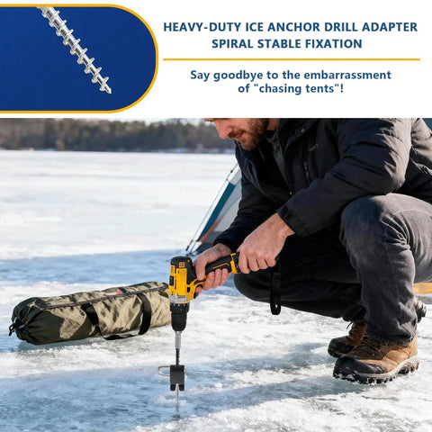 Man using Heavy Duty Ice Anchor Tool Kit With Drill Adapter for ice fishing shelter setup on frozen lake.