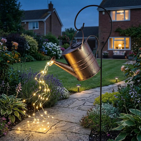 Solar Powered Watering Can Fountain With Cascading Warm White Fairy Lights For Outdoor Gardens And Yards Waterproof Metal Fountain