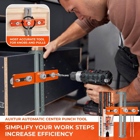 Person using Pro-Grade Adjustable Cabinet Handle Template Tool With Alignment Hole Drill Guide for knobs on cabinet