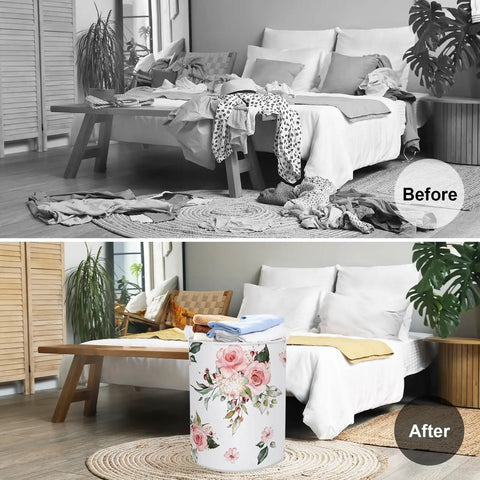 Blooming Pink Flowers Laundry Basket Round Hamper For Girls Room And Nursery Toy Storage Dirty Clothes Organizer Floral Pink Flower Design Soft Fabric Hamper With Handles in a tidy room.