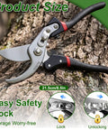 8.5 Inch Pro Grade Garden Shears With SK5 Steel Blades resting on tree bark showing safety lock mechanism
