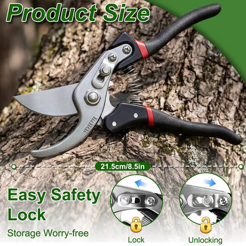 8.5 Inch Pro Grade Garden Shears With SK5 Steel Blades resting on tree bark showing safety lock mechanism