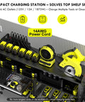 Power Tool Organizer Wall Mount With Drill Holder, Grinder Bracket, Hammer And Pliers, Locking Drawer, 6 Outlet Charging Rack