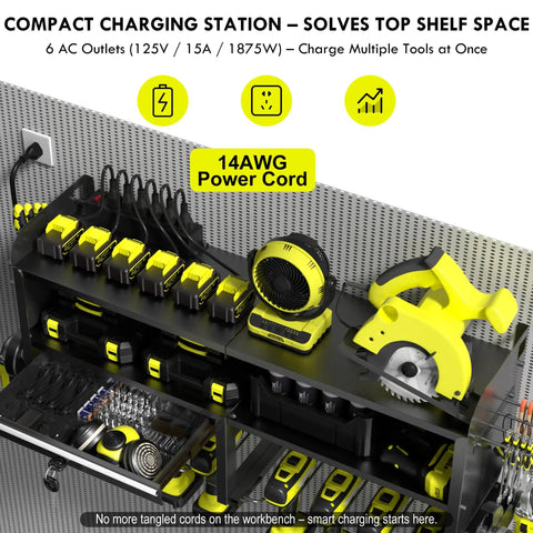 Power Tool Organizer Wall Mount With Drill Holder, Grinder Bracket, Hammer And Pliers, Locking Drawer, 6 Outlet Charging Rack