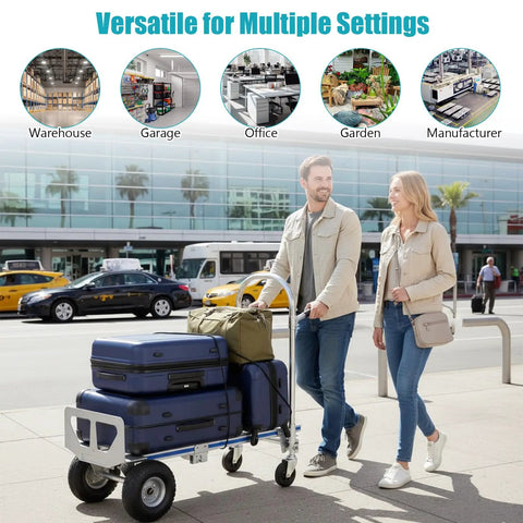 3 In 1 Folding Hand Truck Dolly Cart With Wheels Up To 550 Lbs Heavy Duty Aluminum Frame Includes Stair Climbing Four Wheel Incline And Flatbed Modes No Tools Needed used with luggage at airport