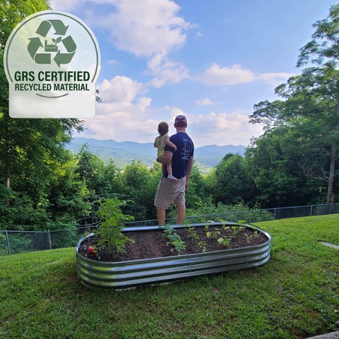 Five Foot Oval Raised Garden Bed Made From Galvanized Steel With GRS Certified Recycled Material Outdoor Planter Box in use