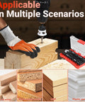 Five Piece Countersink Drill Bit Kit With HSS Tapered Bits, Hex Shank, Two Depth Stops shown with wood and plastic applications