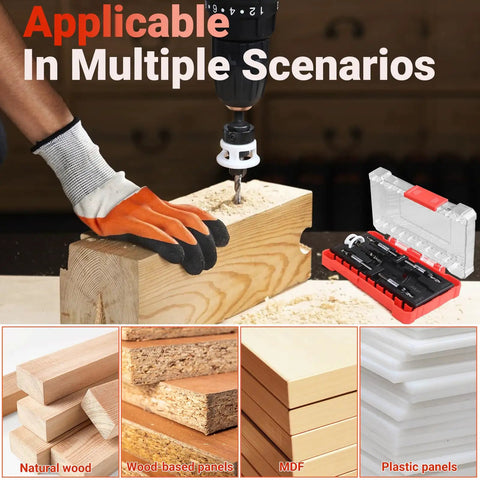 Five Piece Countersink Drill Bit Kit With HSS Tapered Bits, Hex Shank, Two Depth Stops shown with wood and plastic applications