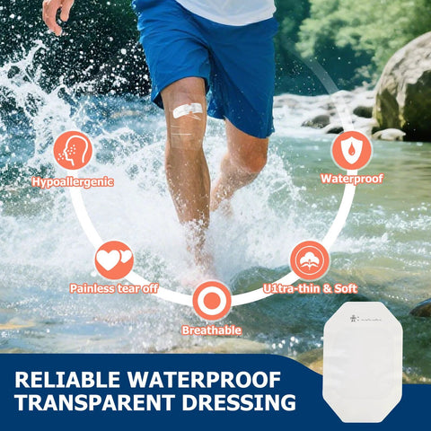 Waterproof transparent wound dressing applied to knee with adhesive pad; packaging shown