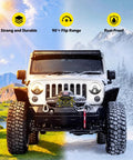 Jeep Wrangler with Flip Up Front License Plate Mount For 10 Inch Hawse Fairlead in dual season landscape