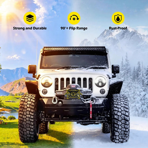 Jeep Wrangler with Flip Up Front License Plate Mount For 10 Inch Hawse Fairlead in dual season landscape