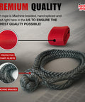 Heavy Duty Synthetic Recovery Soft Shackle With Red Chafe Sleeve Seven Sixteenth Inch Diameter MBS 45,500 Lbs For Off Road Vehicle Towing And Recovery Gear Made In USA, braided design with red sleeve, displayed on grey background.