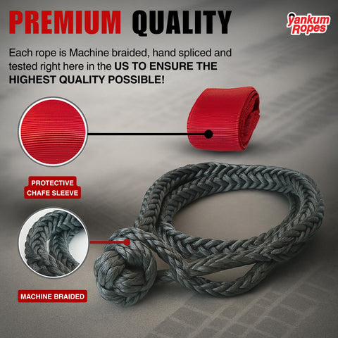 Heavy Duty Synthetic Recovery Soft Shackle With Red Chafe Sleeve Seven Sixteenth Inch Diameter MBS 45,500 Lbs For Off Road Vehicle Towing And Recovery Gear Made In USA, braided design with red sleeve, displayed on grey background.