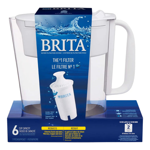 Slim BPA Free Water Pitcher With Filter For Tap Water, 6 Cup Capacity, Lasts About 2 Months, White, Space Saving Design