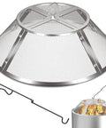 15 Inch Stainless Steel Fire Pit Spark Screen With Detachable Mesh Smokeless Shield And Grill Function For Safe Marshmallow Roasting Spark Protector That Is Easy To Install On Round Fire Pits And Range Shields, shown with hook tool and fire pit.