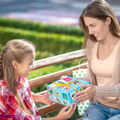Mother and daughter exchanging a Geography Sticker Set With 200 Pieces And 100 Unique Designs For Teachers, Students, And Map Lovers.