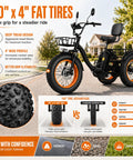 Electric Tricycle For Adults With 1350W Peak Motor Folding 3 Wheel Ebike 48V 15.6Ah Battery 20 Inch Fat Tire Beast 20 MPH Top Speed Differential Drive Black And Orange with 20x4-inch fat tires
