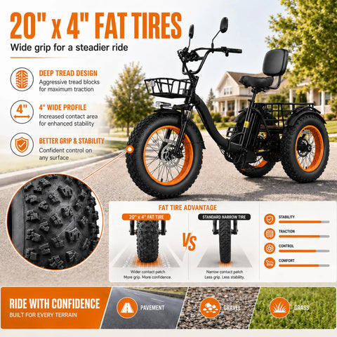 Electric Tricycle For Adults With 1350W Peak Motor Folding 3 Wheel Ebike 48V 15.6Ah Battery 20 Inch Fat Tire Beast 20 MPH Top Speed Differential Drive Black And Orange with 20x4-inch fat tires