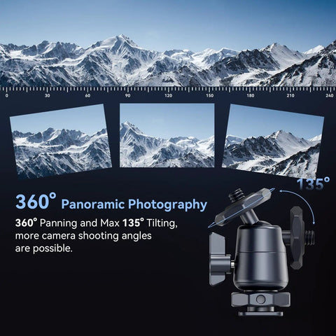Image of the Two Pack Pro Grade Mini Ball Head with one quarter inch screw showing 360-degree rotation and a mountain scenery.
