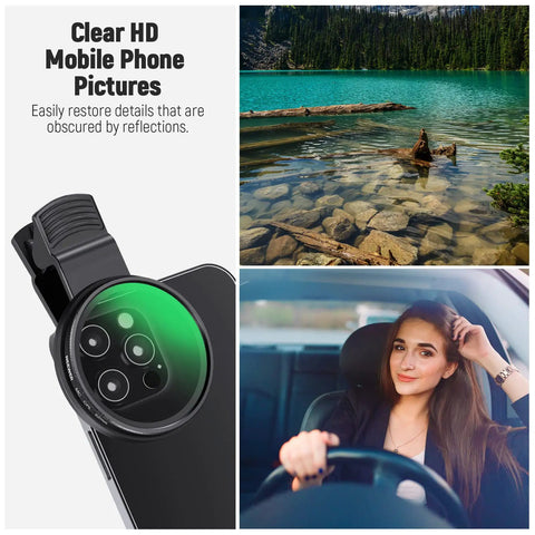 52mm CPL Filter Clip On Kit for Phone with case and cleaning cloth shown enhancing outdoor images on smartphone camera.