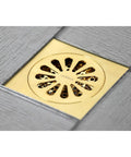 Brass Shower Drain 4 Inch Square Grid With Hair Strainer, Brushed Brass Finish, Solid Brass Construction, Floor Mounted