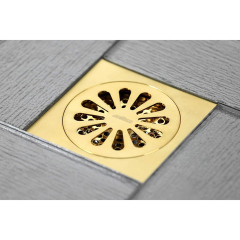 Brass Shower Drain 4 Inch Square Grid With Hair Strainer, Brushed Brass Finish, Solid Brass Construction, Floor Mounted