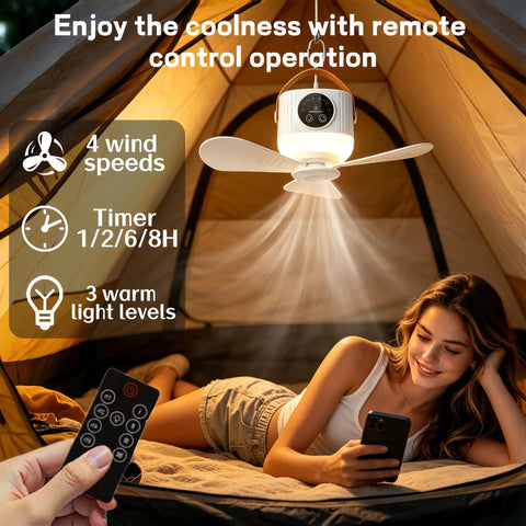 Rechargeable Portable Ceiling And Desk Fan With Light And Remote 11 Inch Camping RV Tent Fan in use inside a tent